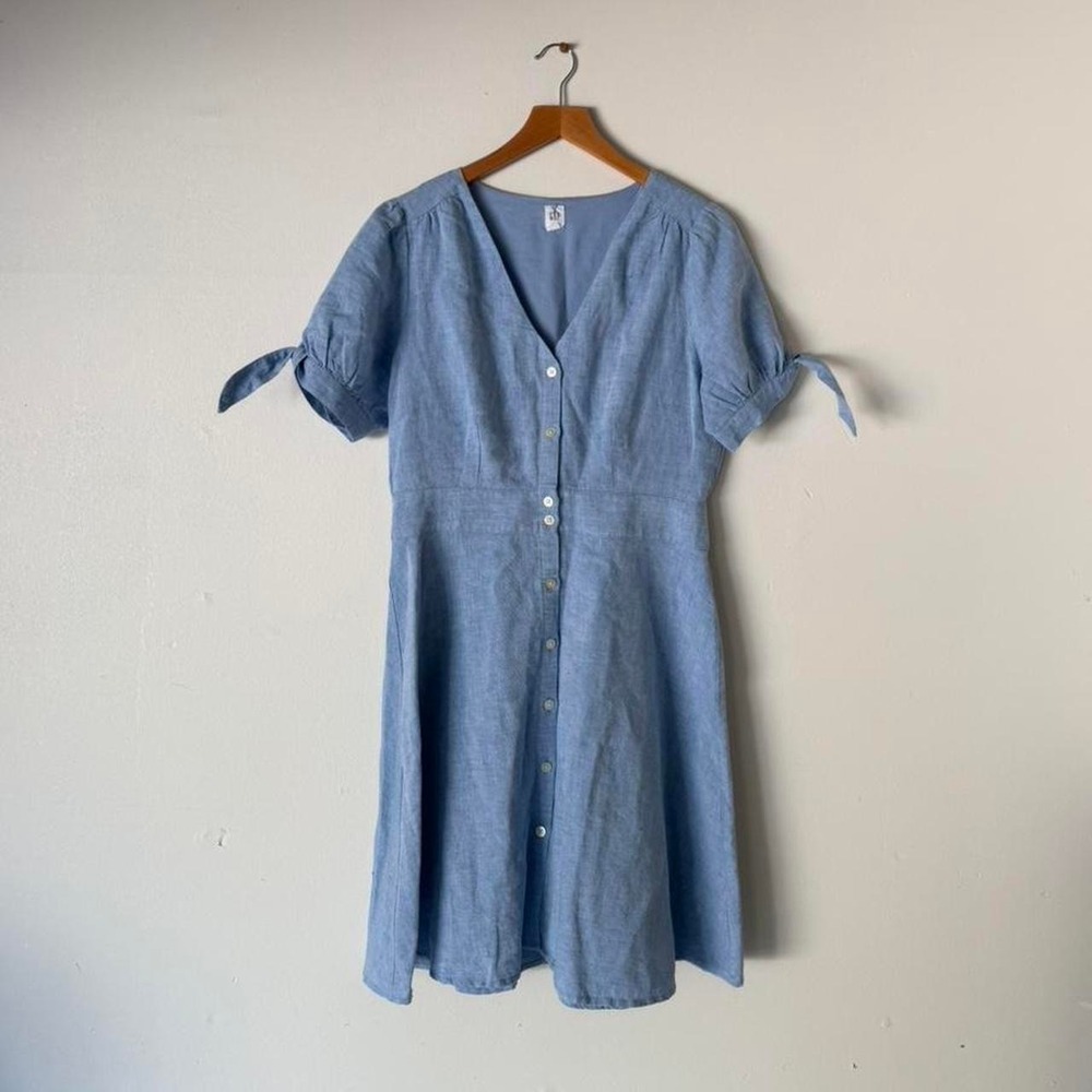 Gap blue linen cottagecore dress with tie sleeves